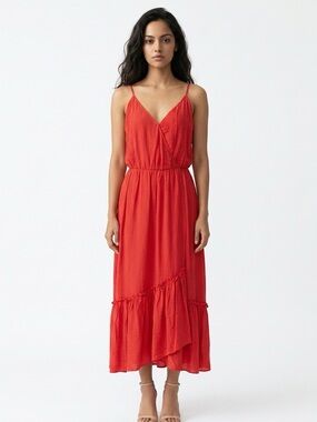 Lush Coral Red V-Neck Maxi Dress with Ruffle Hem